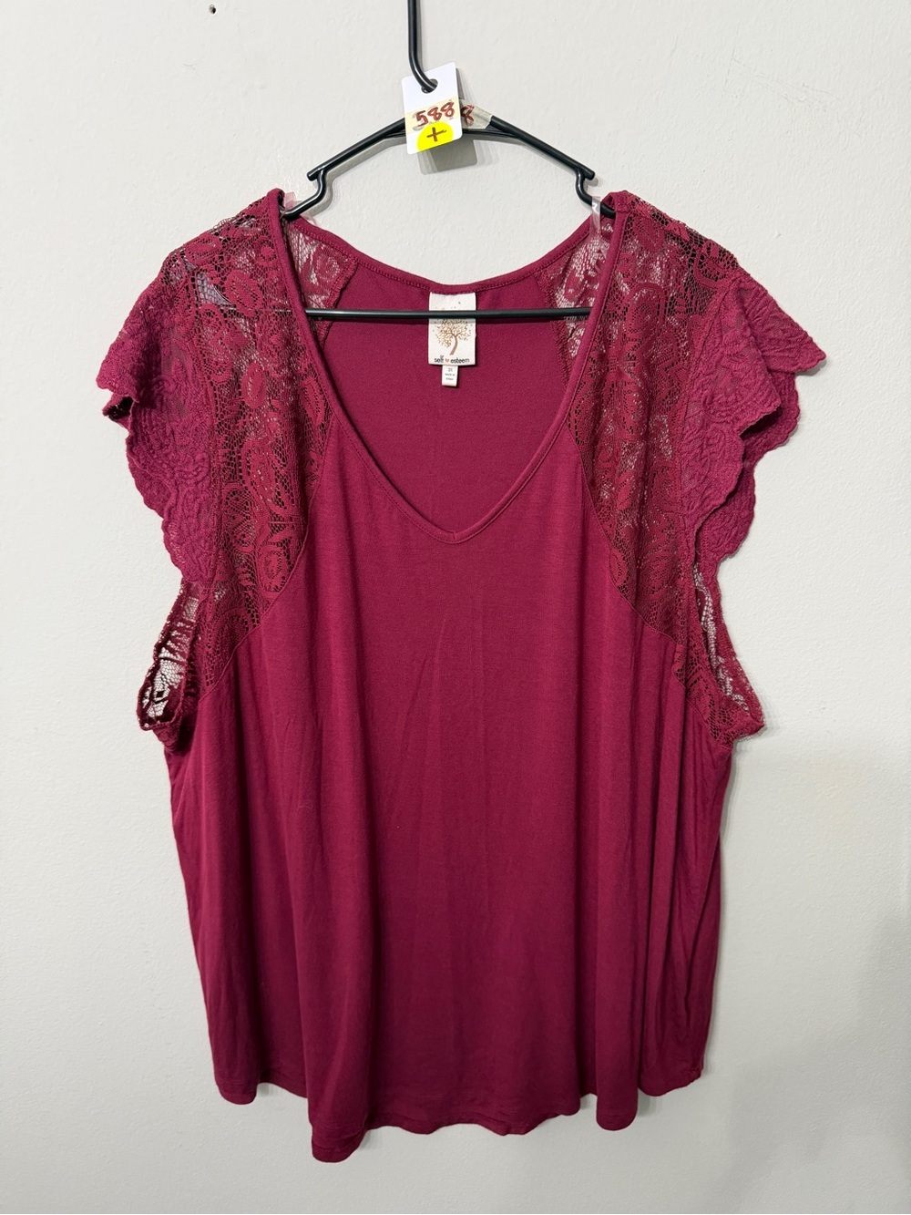Women’s Self Esteem 3X Burgundy Lace Shoulder V-Neck Top
